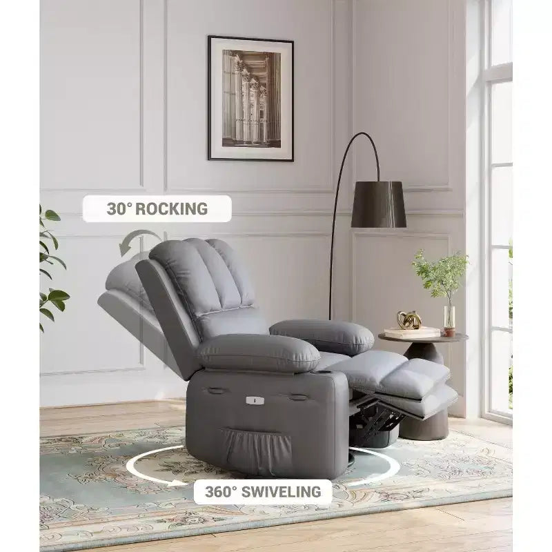 Poltrona Reclinabile Elettrica in Ecopelle, Girevole a Dondolo con Riscaldamento e Massaggio, Posto Singolo (Beige/Marrone/Grigio/Marrone Chiaro)