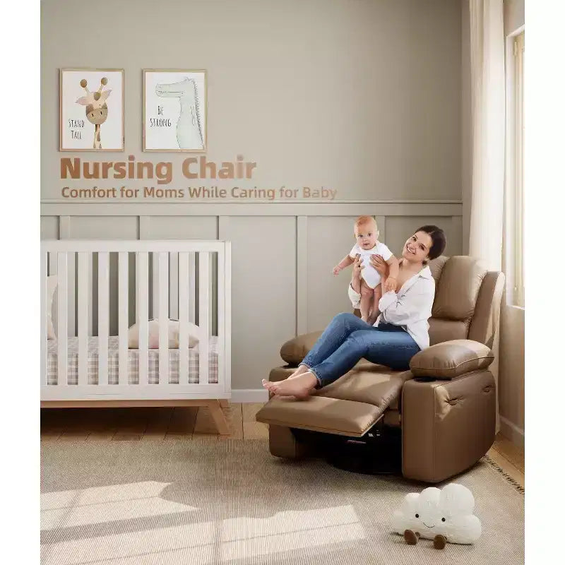 Poltrona Reclinabile Elettrica in Ecopelle, Girevole a Dondolo con Riscaldamento e Massaggio, Posto Singolo (Beige/Marrone/Grigio/Marrone Chiaro)