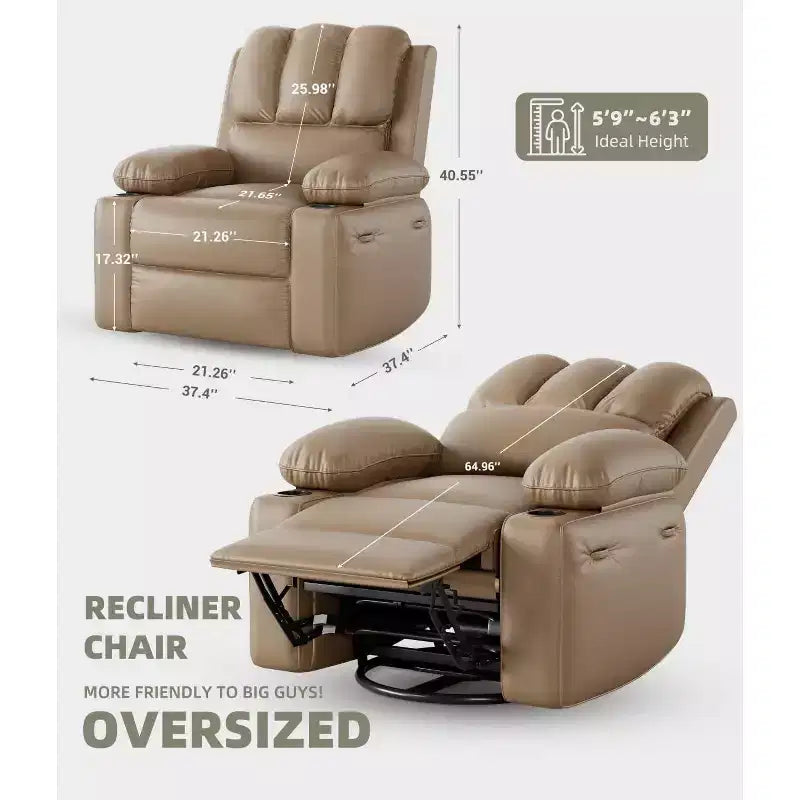Poltrona Reclinabile Elettrica in Ecopelle, Girevole a Dondolo con Riscaldamento e Massaggio, Posto Singolo (Beige/Marrone/Grigio/Marrone Chiaro)