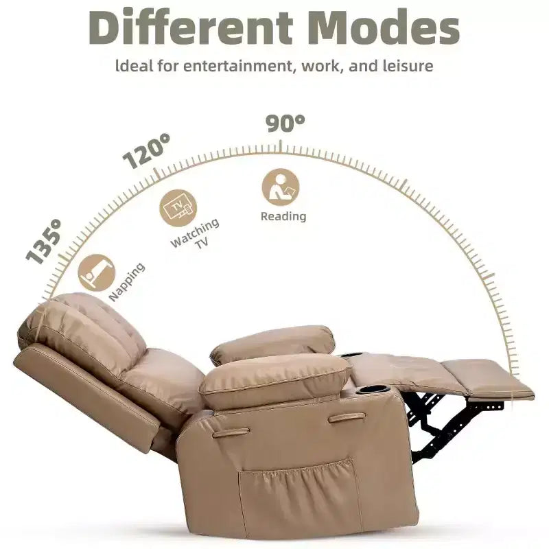 Poltrona Reclinabile Elettrica in Ecopelle, Girevole a Dondolo con Riscaldamento e Massaggio, Posto Singolo (Beige/Marrone/Grigio/Marrone Chiaro)
