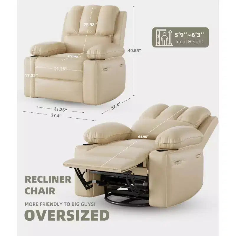 Poltrona Reclinabile Elettrica in Ecopelle, Girevole a Dondolo con Riscaldamento e Massaggio, Posto Singolo (Beige/Marrone/Grigio/Marrone Chiaro)