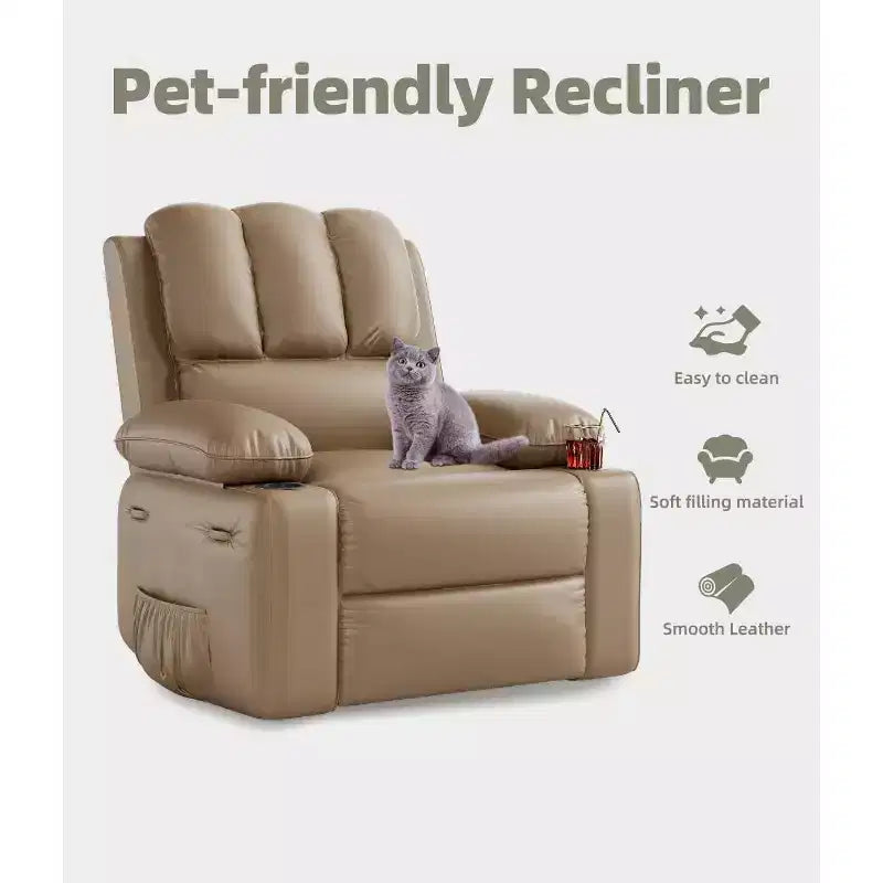 Poltrona Reclinabile Elettrica in Ecopelle, Girevole a Dondolo con Riscaldamento e Massaggio, Posto Singolo (Beige/Marrone/Grigio/Marrone Chiaro)