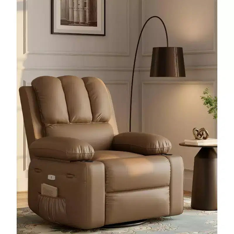 Poltrona Reclinabile Elettrica in Ecopelle, Girevole a Dondolo con Riscaldamento e Massaggio, Posto Singolo (Beige/Marrone/Grigio/Marrone Chiaro)