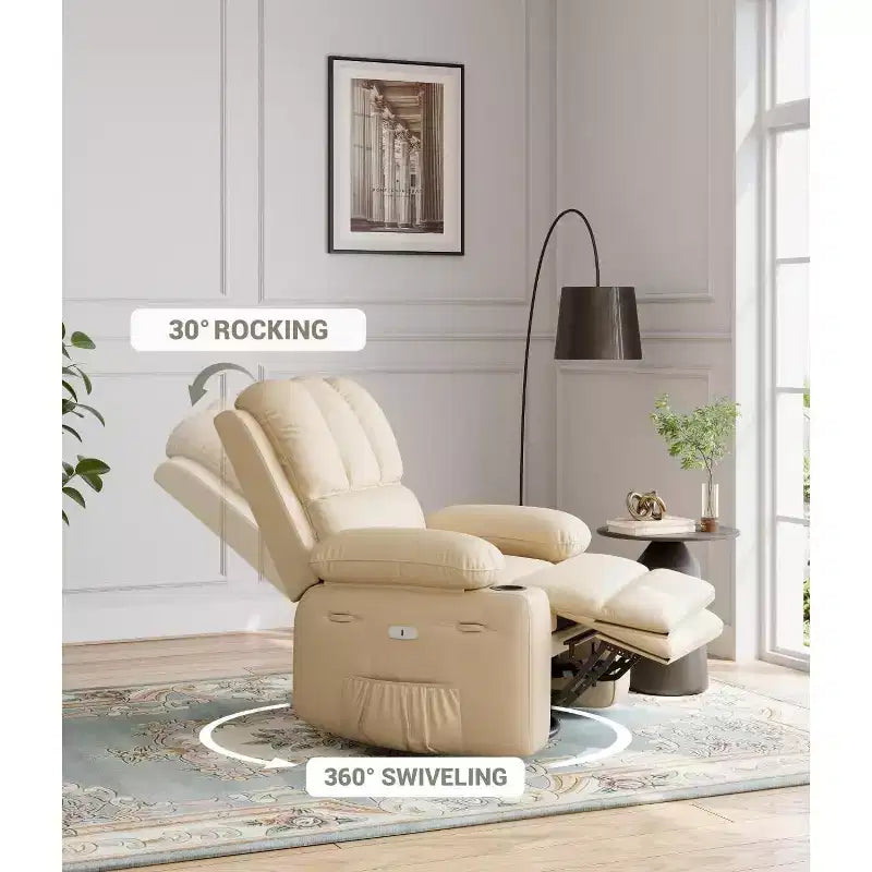 Poltrona Reclinabile Elettrica in Ecopelle, Girevole a Dondolo con Riscaldamento e Massaggio, Posto Singolo (Beige/Marrone/Grigio/Marrone Chiaro)