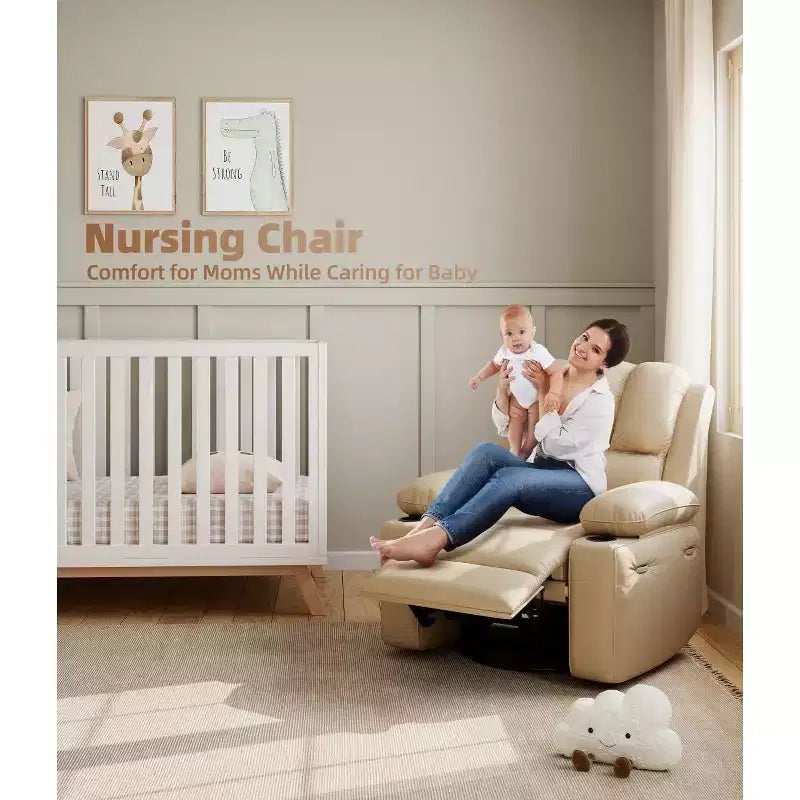 Poltrona Reclinabile Elettrica in Ecopelle, Girevole a Dondolo con Riscaldamento e Massaggio, Posto Singolo (Beige/Marrone/Grigio/Marrone Chiaro)