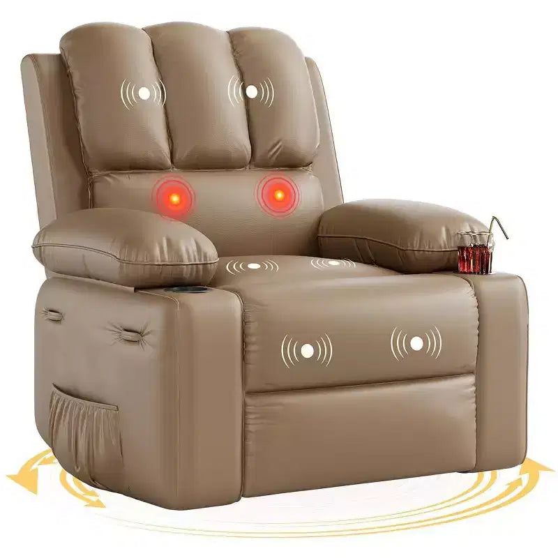Poltrona Reclinabile Elettrica in Ecopelle, Girevole a Dondolo con Riscaldamento e Massaggio, Posto Singolo (Beige/Marrone/Grigio/Marrone Chiaro)
