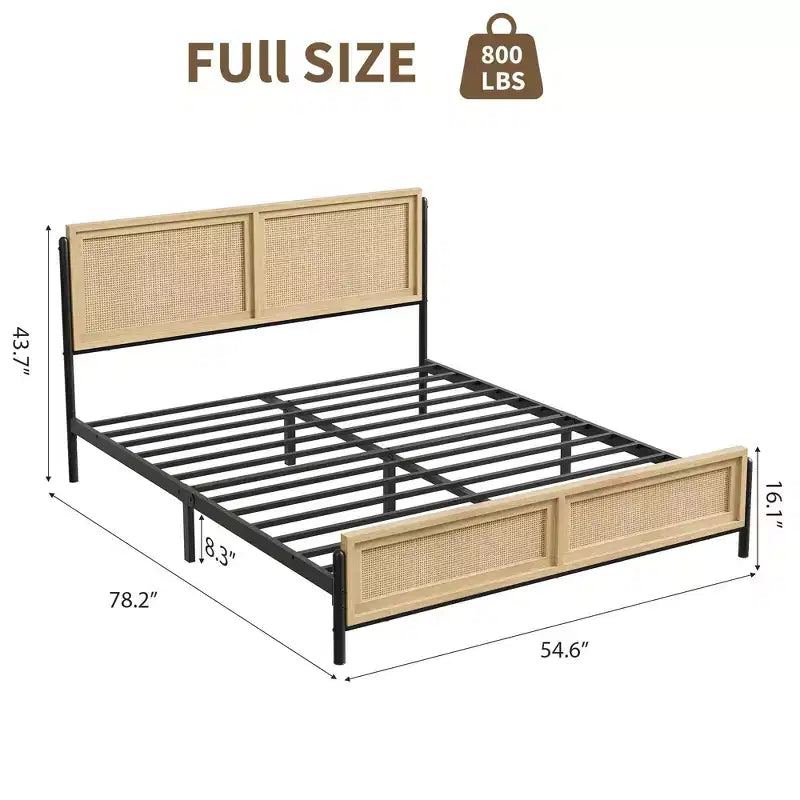 Struttura Letto con Testiera e Pediera in Rattan Naturale Marrone Boho, Matrimoniale/King, 2 Persone