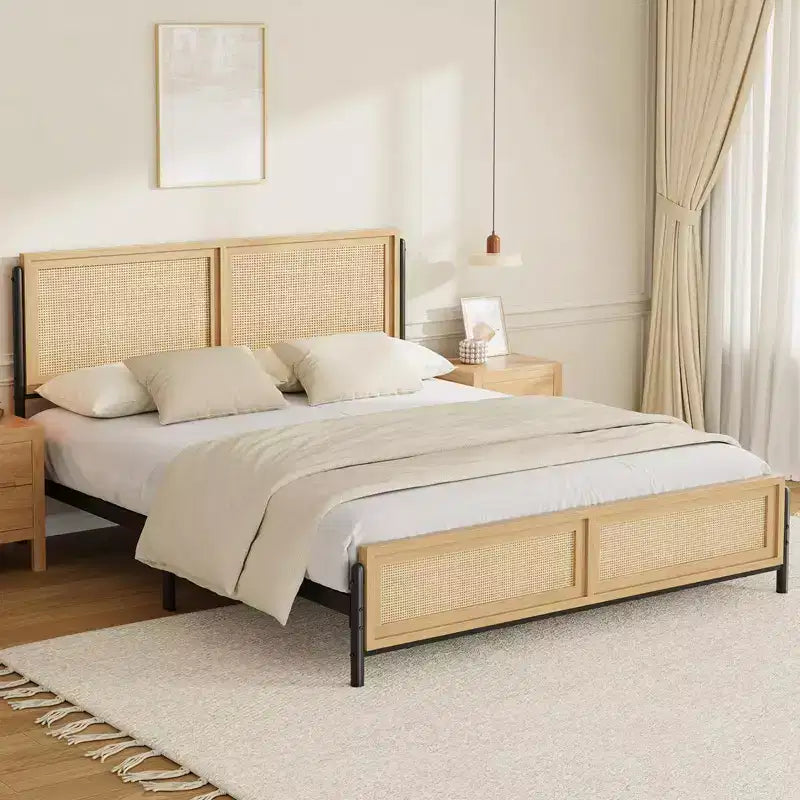Struttura Letto con Testiera e Pediera in Rattan Naturale Marrone Boho, Matrimoniale/King, 2 Persone