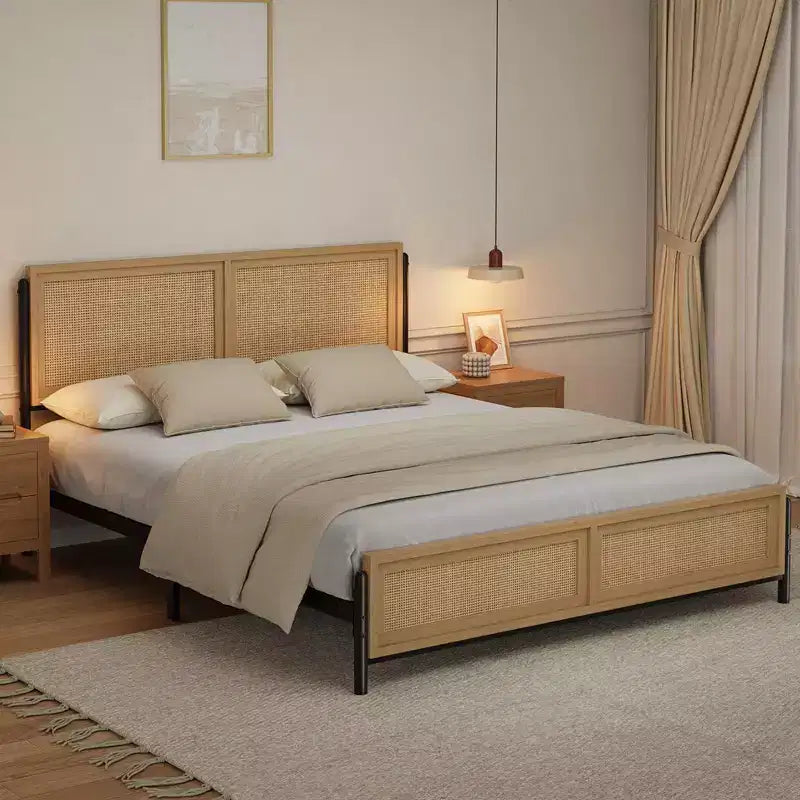 Struttura Letto con Testiera e Pediera in Rattan Naturale Marrone Boho, Matrimoniale/King, 2 Persone