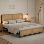 Struttura Letto con Testiera e Pediera in Rattan Naturale Marrone Boho, Matrimoniale/King, 2 Persone