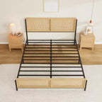Struttura Letto con Testiera e Pediera in Rattan Naturale Marrone Boho, Matrimoniale/King, 2 Persone