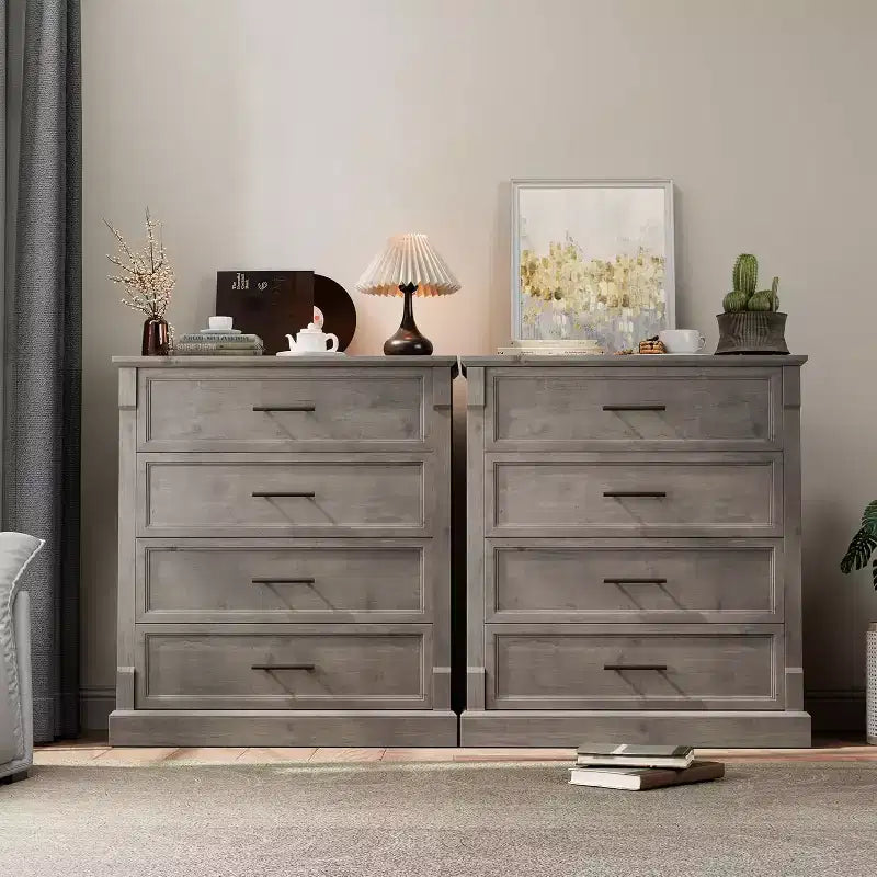 Comò a 4 cassetti – Noce scuro / Grigio lavato, Stile rustico, Utente singolo