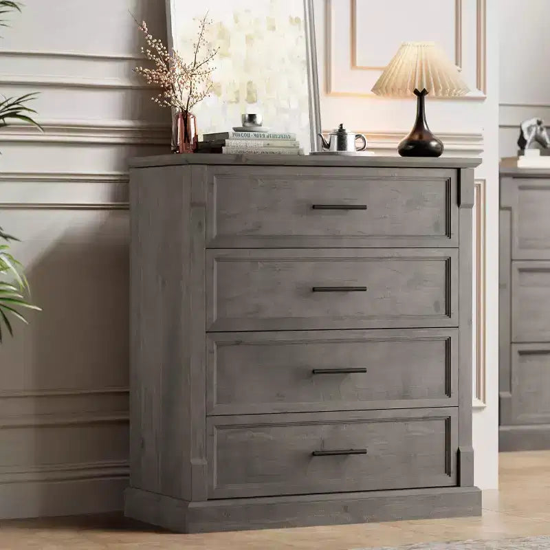 Comò a 4 cassetti – Noce scuro / Grigio lavato, Stile rustico, Utente singolo