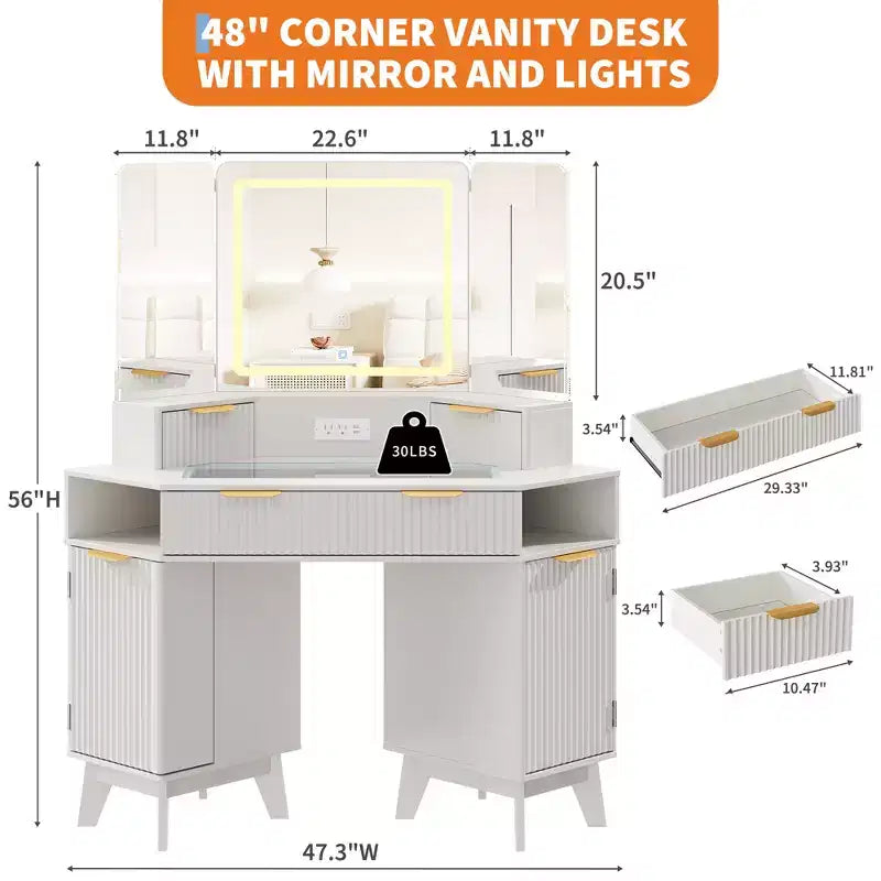 Scrivania angolare per trucco scanalata in grigio scuro/rovere/bianco, 1 persona, con specchio a tre ante a LED e stazione di ricarica