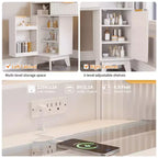 Scrivania angolare per trucco scanalata in grigio scuro/rovere/bianco, 1 persona, con specchio a tre ante a LED e stazione di ricarica