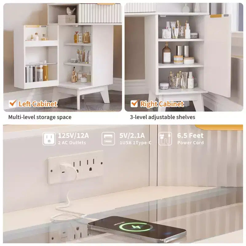 Scrivania angolare per trucco scanalata in grigio scuro/rovere/bianco, 1 persona, con specchio a tre ante a LED e stazione di ricarica