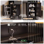 Scrivania angolare per trucco scanalata in grigio scuro/rovere/bianco, 1 persona, con specchio a tre ante a LED e stazione di ricarica