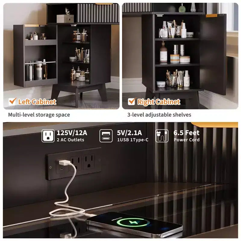Scrivania angolare per trucco scanalata in grigio scuro/rovere/bianco, 1 persona, con specchio a tre ante a LED e stazione di ricarica