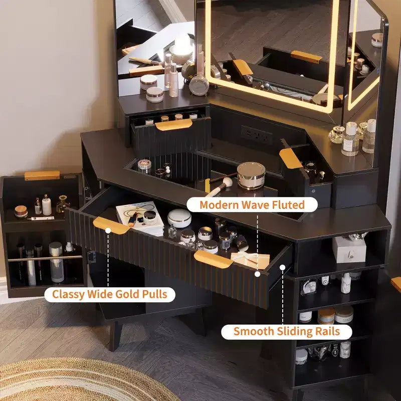 Scrivania angolare per trucco scanalata in grigio scuro/rovere/bianco, 1 persona, con specchio a tre ante a LED e stazione di ricarica