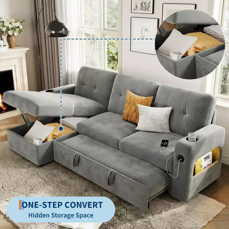 Divano Letto 3 Posti con Letto Estraibile e Contenitore – Grigio Scuro / Grigio Chiaro