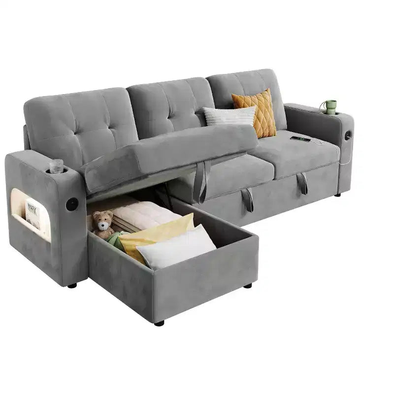 Divano Letto 3 Posti con Letto Estraibile e Contenitore – Grigio Scuro / Grigio Chiaro