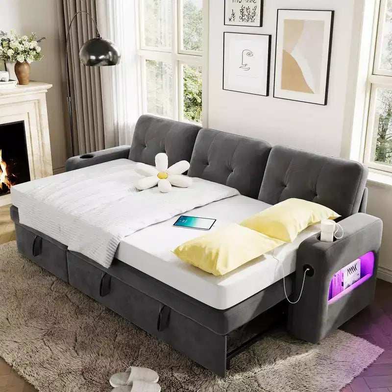 Divano Letto 3 Posti con Letto Estraibile e Contenitore – Grigio Scuro / Grigio Chiaro
