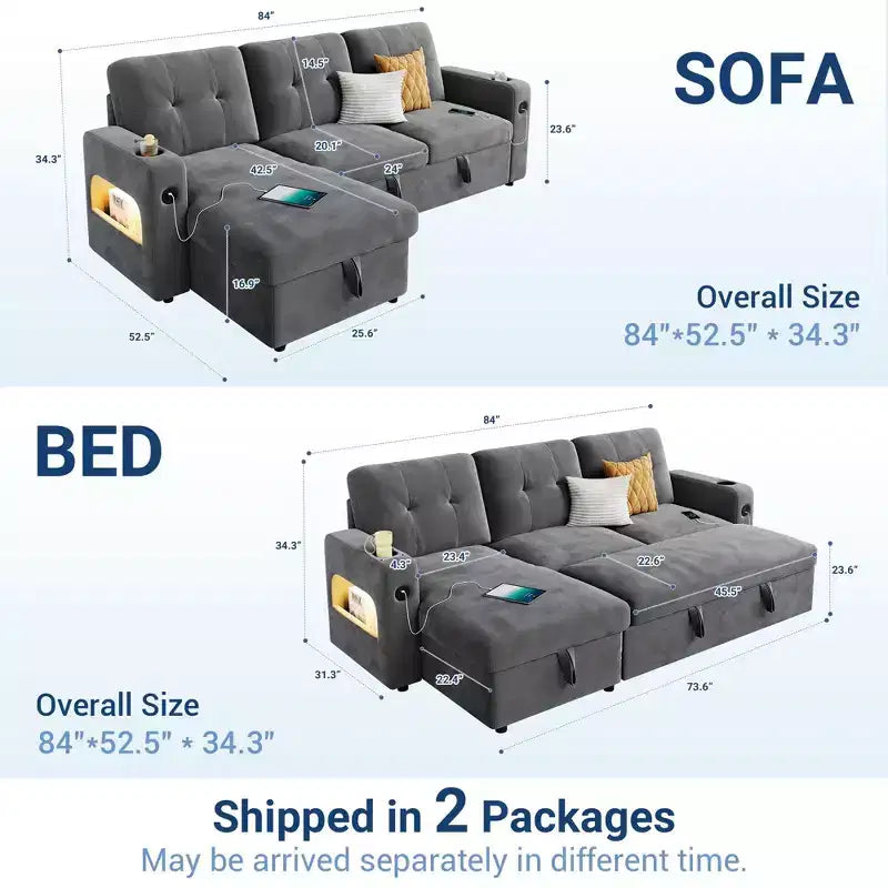 Divano Letto 3 Posti con Letto Estraibile e Contenitore – Grigio Scuro / Grigio Chiaro