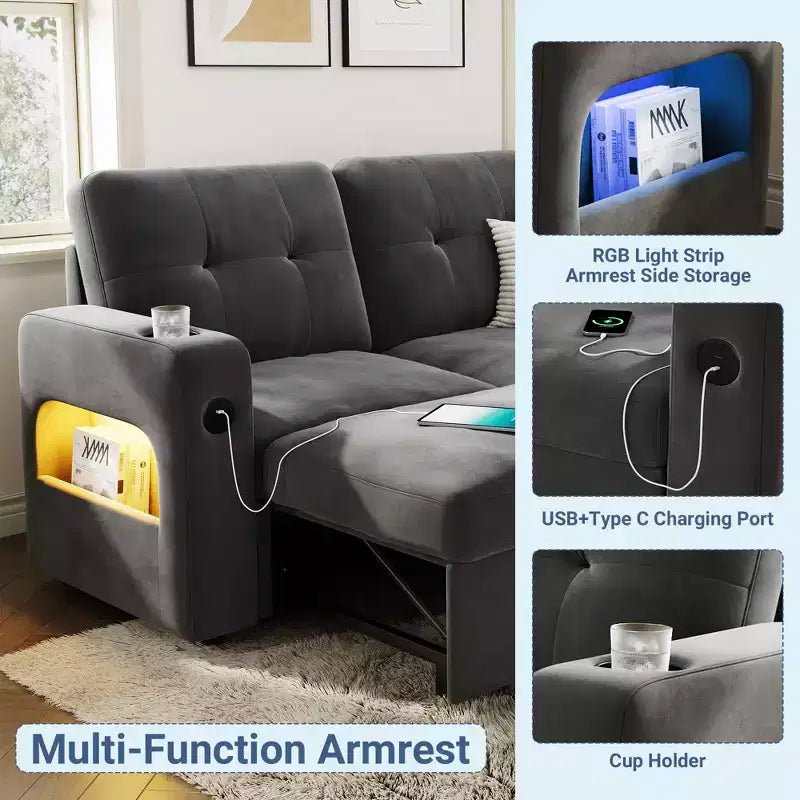 Divano Letto 3 Posti con Letto Estraibile e Contenitore – Grigio Scuro / Grigio Chiaro