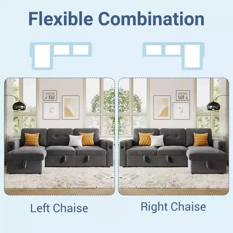 Divano Letto 3 Posti con Letto Estraibile e Contenitore – Grigio Scuro / Grigio Chiaro