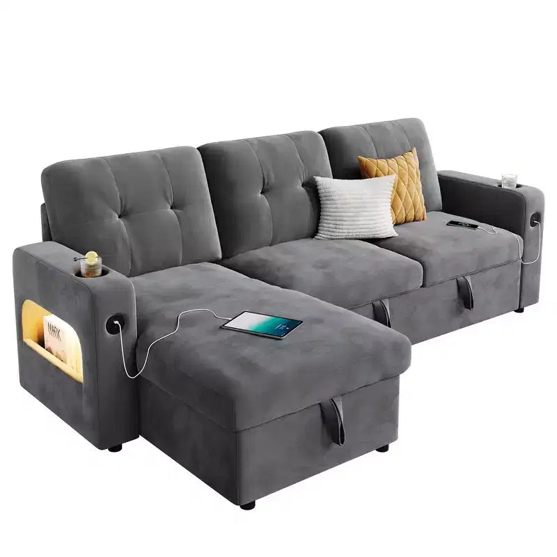 Divano Letto 3 Posti con Letto Estraibile e Contenitore – Grigio Scuro / Grigio Chiaro