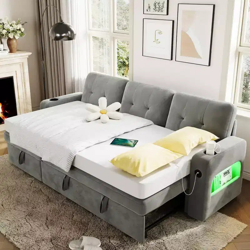 Divano Letto 3 Posti con Letto Estraibile e Contenitore – Grigio Scuro / Grigio Chiaro