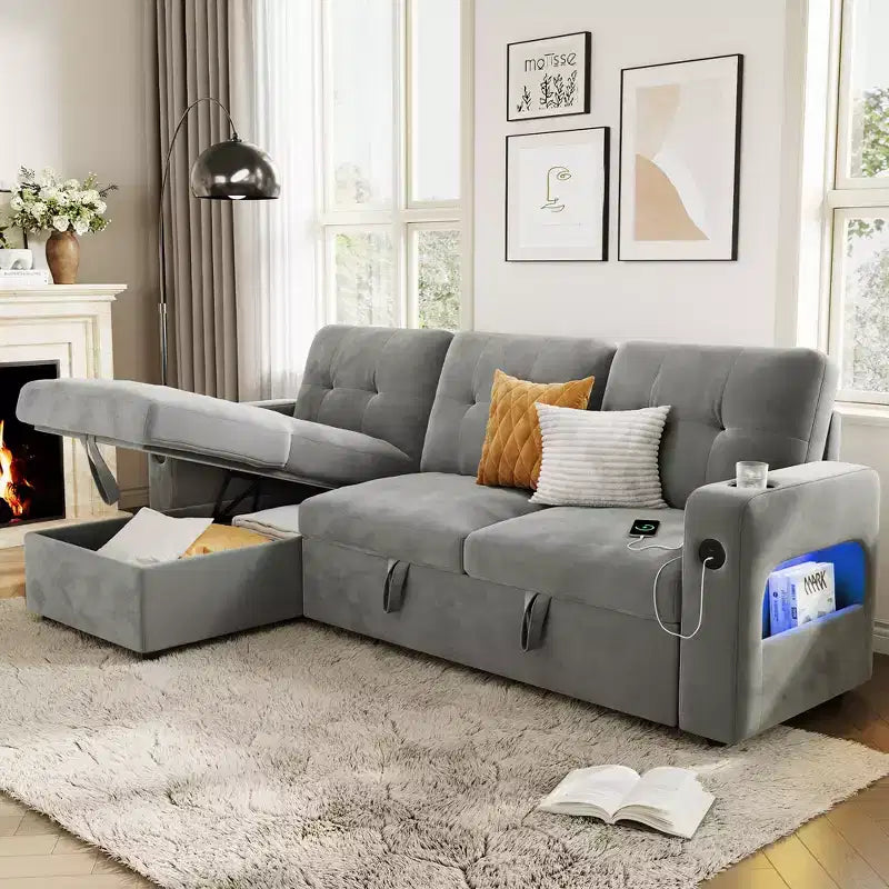 Divano Letto 3 Posti con Letto Estraibile e Contenitore – Grigio Scuro / Grigio Chiaro