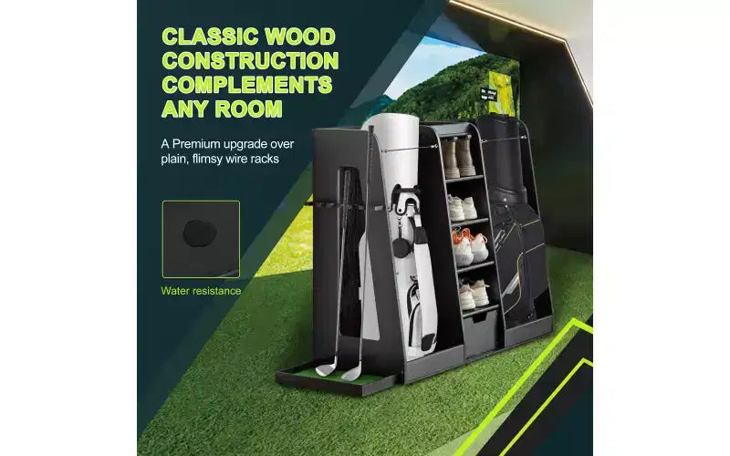 Scaffale porta sacche da golf in legno nero con porta mazze laterale – capacità 2 sacche e 4 paia di scarpe