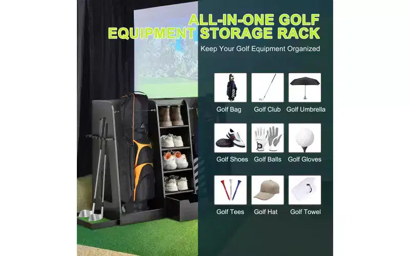 Scaffale porta sacche da golf in legno nero con porta mazze laterale – capacità 2 sacche e 4 paia di scarpe