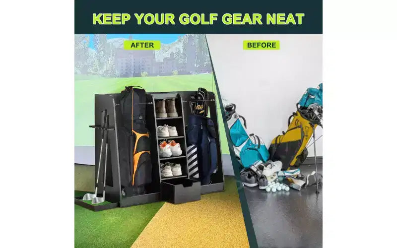 Scaffale porta sacche da golf in legno nero con porta mazze laterale – capacità 2 sacche e 4 paia di scarpe