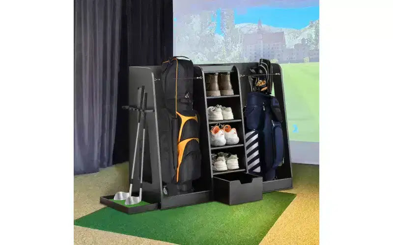 Scaffale porta sacche da golf in legno nero con porta mazze laterale – capacità 2 sacche e 4 paia di scarpe