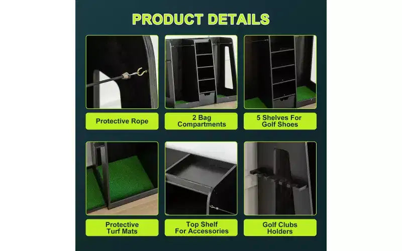 Scaffale porta sacche da golf in legno nero con porta mazze laterale – capacità 2 sacche e 4 paia di scarpe