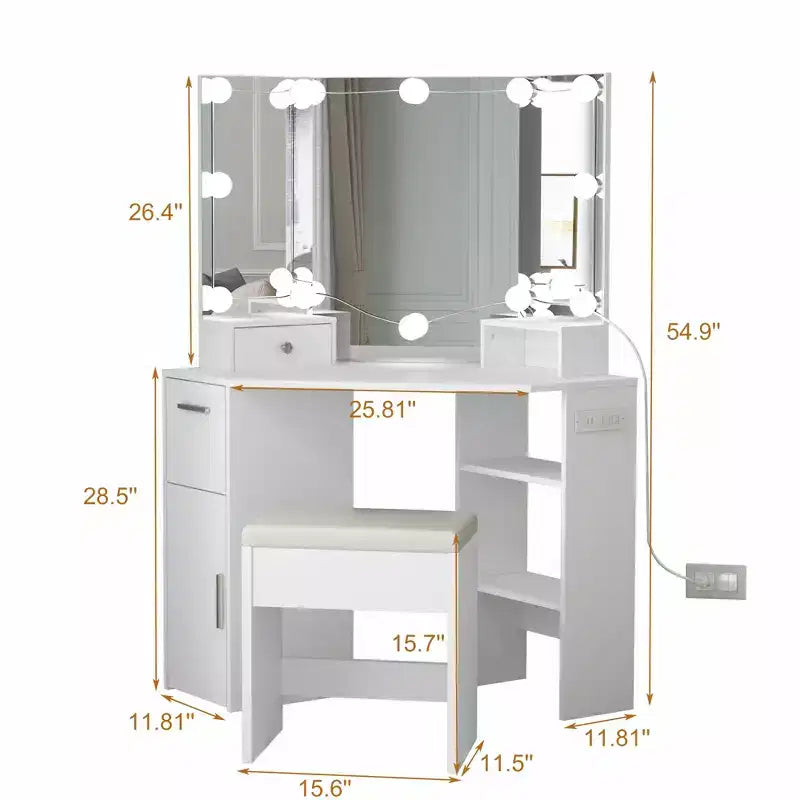 Set toeletta angolare bianco con specchio illuminato, cassetti e ripiani – Tavolo da trucco per 1 persona con sgabello imbottito