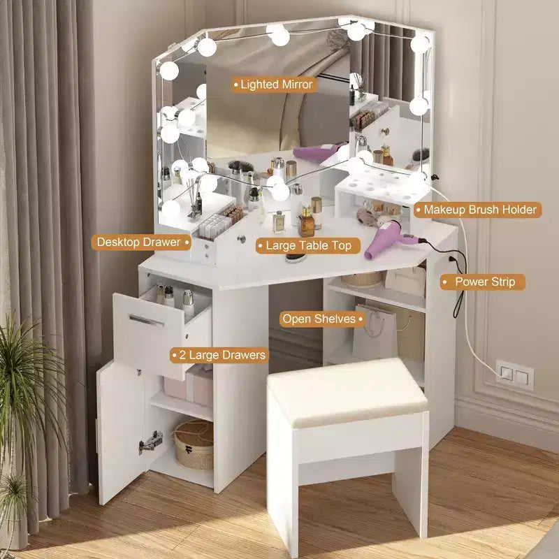 Set toeletta angolare bianco con specchio illuminato, cassetti e ripiani – Tavolo da trucco per 1 persona con sgabello imbottito