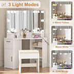 Set toeletta angolare bianco con specchio illuminato, cassetti e ripiani – Tavolo da trucco per 1 persona con sgabello imbottito