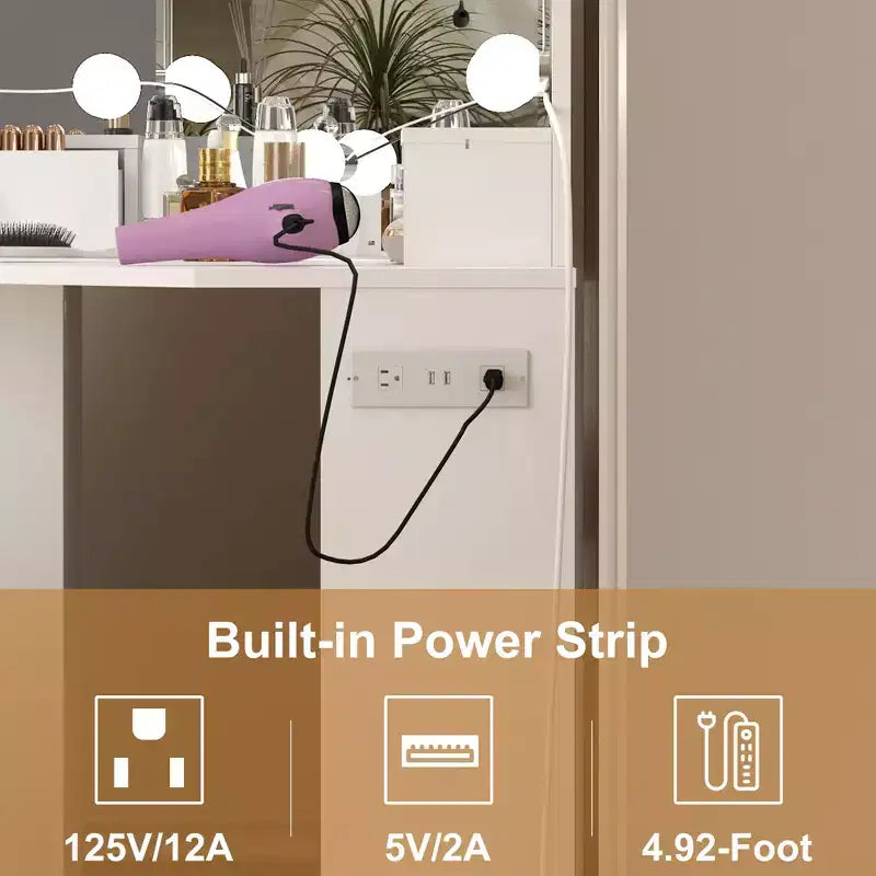 Set toeletta angolare bianco con specchio illuminato, cassetti e ripiani – Tavolo da trucco per 1 persona con sgabello imbottito
