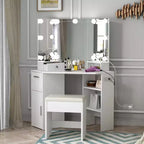 Set toeletta angolare bianco con specchio illuminato, cassetti e ripiani – Tavolo da trucco per 1 persona con sgabello imbottito