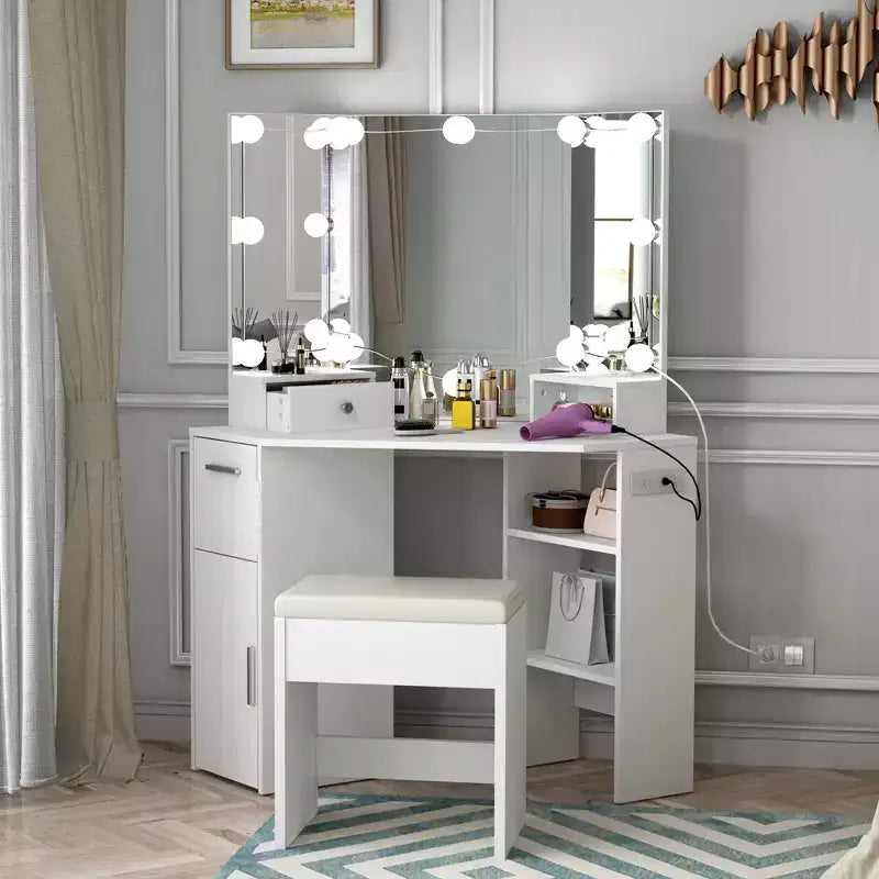Set toeletta angolare bianco con specchio illuminato, cassetti e ripiani – Tavolo da trucco per 1 persona con sgabello imbottito