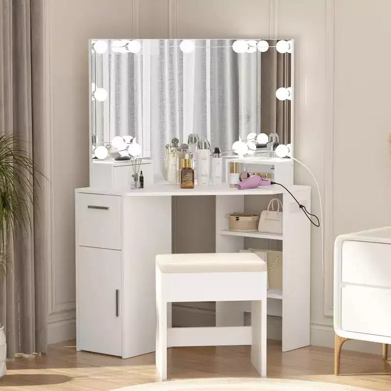Set toeletta angolare bianco con specchio illuminato, cassetti e ripiani – Tavolo da trucco per 1 persona con sgabello imbottito