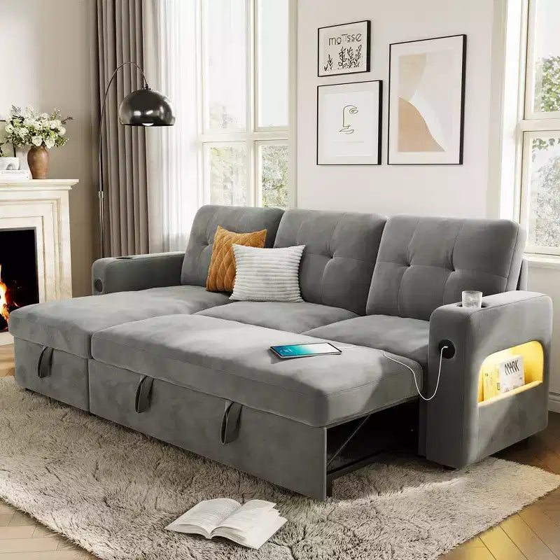 Divano letto angolare grigio/grigio chiaro con contenitore e luci a LED – Posti a sedere 3–4