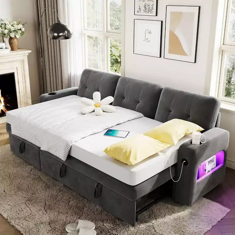 Divano letto angolare grigio/grigio chiaro con contenitore e luci a LED – Posti a sedere 3–4