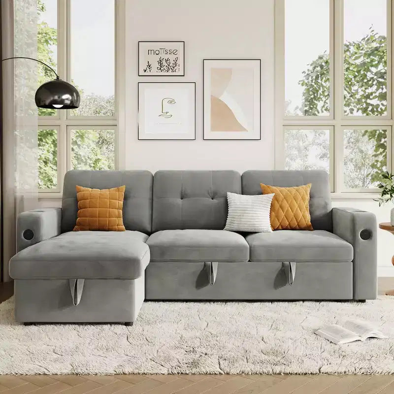 Divano letto angolare grigio/grigio chiaro con contenitore e luci a LED – Posti a sedere 3–4