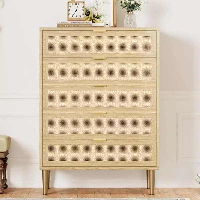 Comò a 5 cassetti in rattan nero/naturale – Stile rustico, Mobili per camera da letto singola