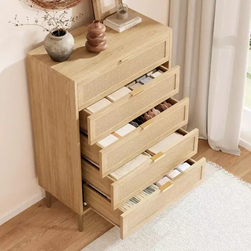 Comò a 5 cassetti in rattan nero/naturale – Stile rustico, Mobili per camera da letto singola