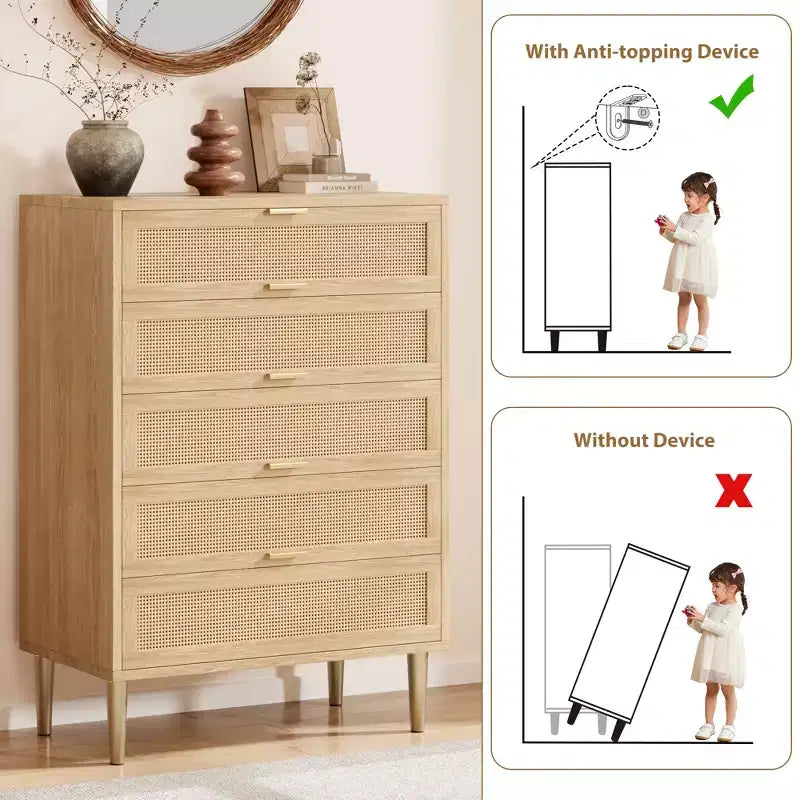 Comò a 5 cassetti in rattan nero/naturale – Stile rustico, Mobili per camera da letto singola